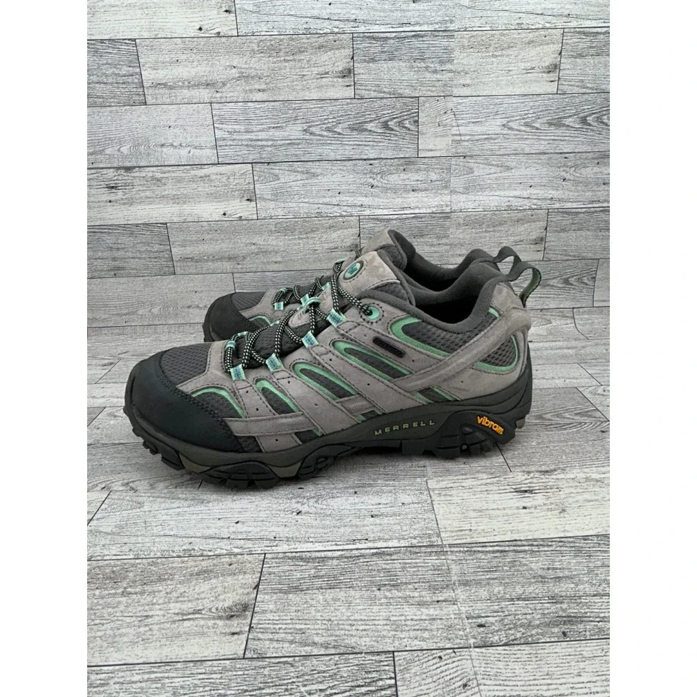 Merrell Moab 2‎ Waterproof Hiking Shoes Women 10 Drizzle Gray Mint Green Vibram